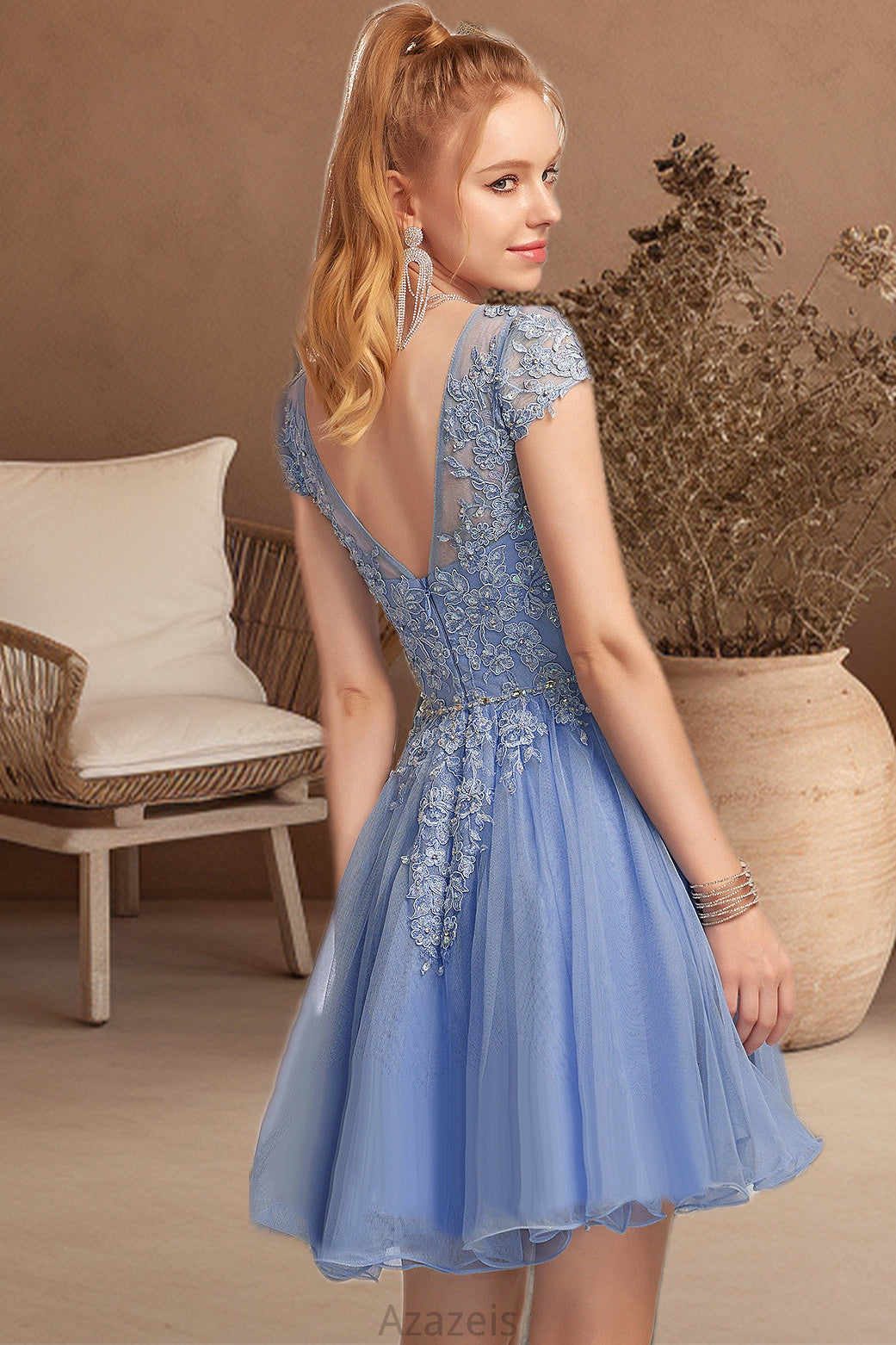 Rebecca A-line Scoop Short/Mini Tulle Homecoming Dress With Beading Appliques Lace DFP0020547