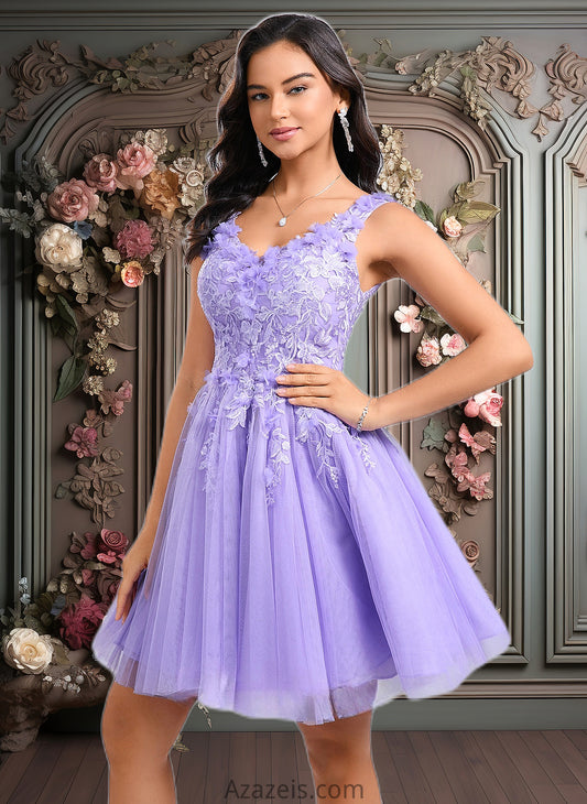 Kiara Ball-Gown/Princess V-Neck Short Lace Tulle Homecoming Dress With Flower DFP0025656