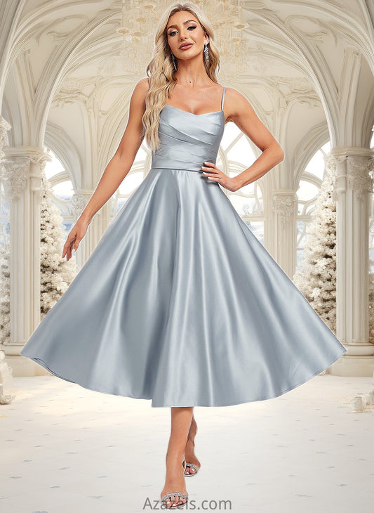 Lesly A-line V-Neck Tea-Length Satin Bridesmaid Dress DFP0025794