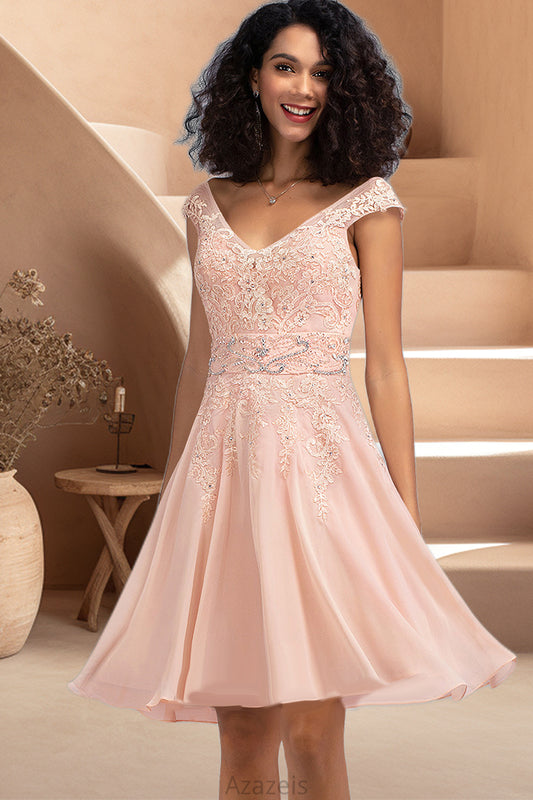 Chelsea A-line V-Neck Knee-Length Chiffon Lace Homecoming Dress With Beading DFP0020565