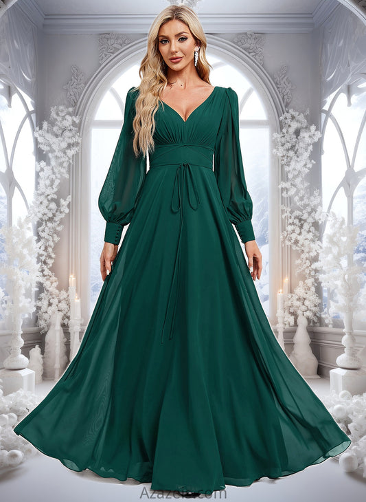 Dayana A-line V-Neck Floor-Length Chiffon Bridesmaid Dress DFP0025816