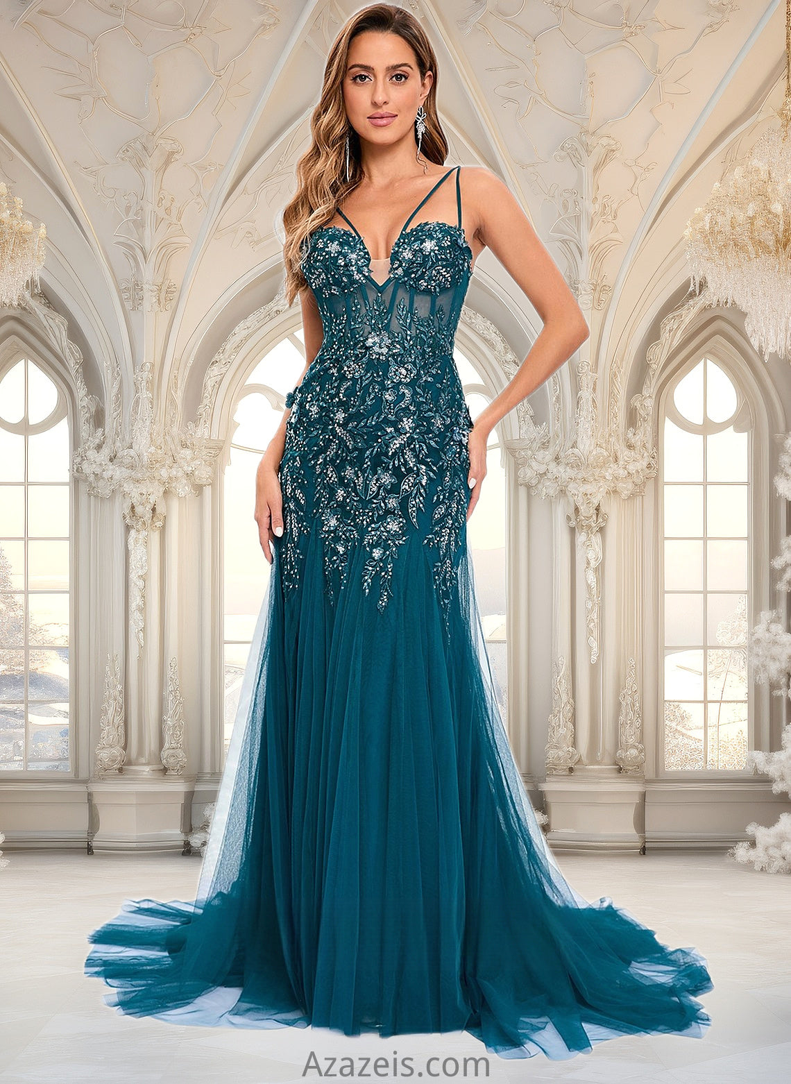 Liberty Trumpet/Mermaid V-Neck Sweep Train Tulle Prom Dresses With Sequins Appliques Lace DFP0025853