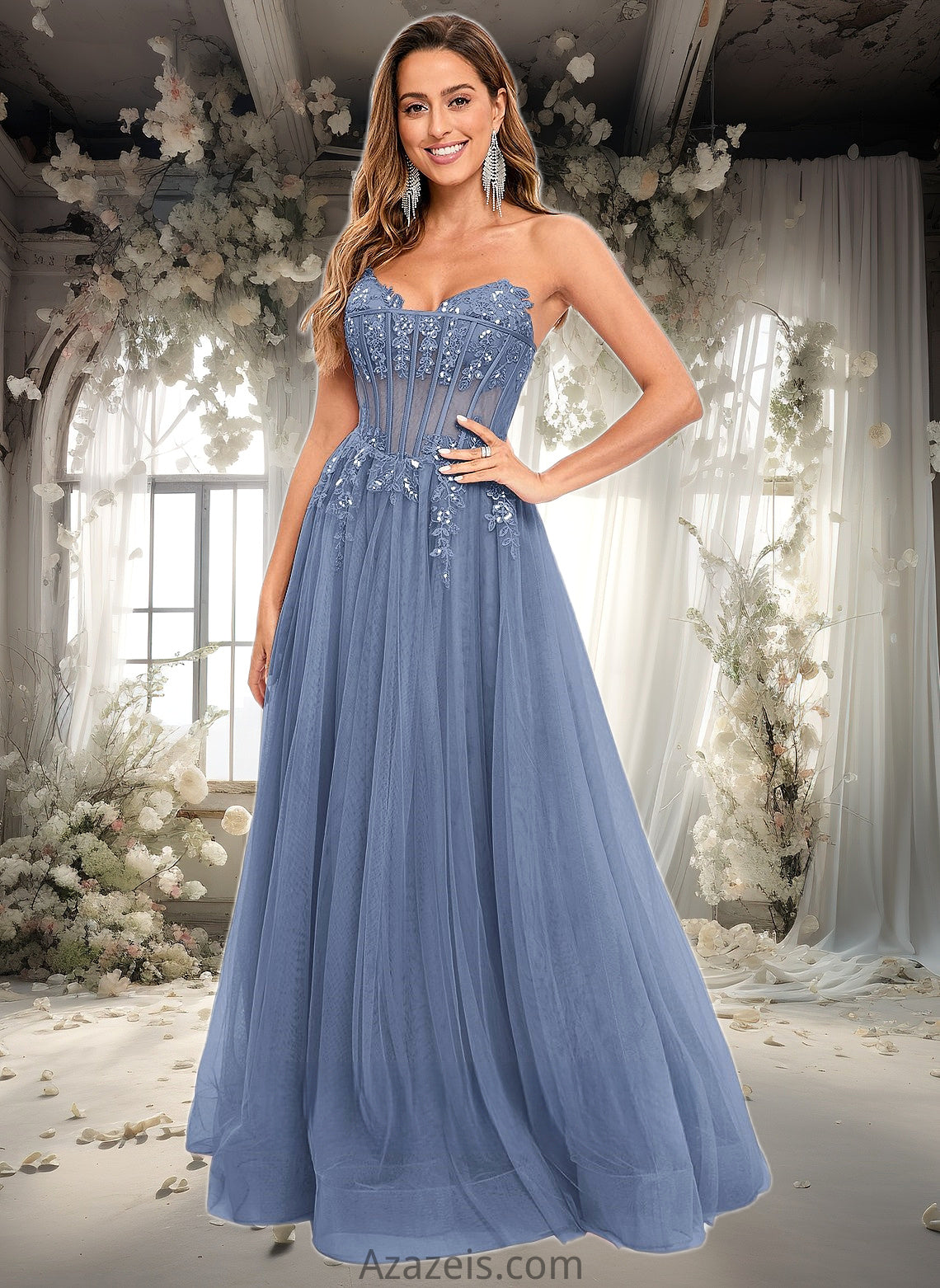 Zoey Ball-Gown/Princess V-Neck Floor-Length Tulle Prom Dresses With Sequins Appliques Lace DFP0025837