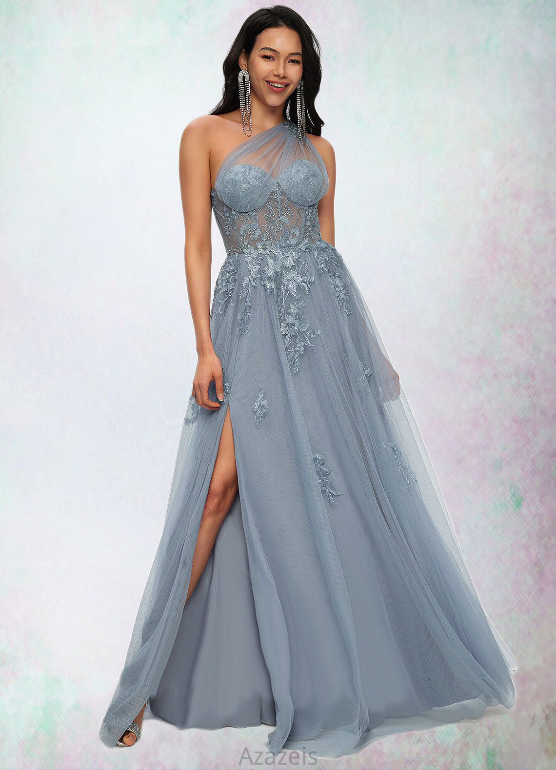 Everly A-line One Shoulder Floor-Length Tulle Prom Dresses With Appliques Lace Sequins DFP0022200