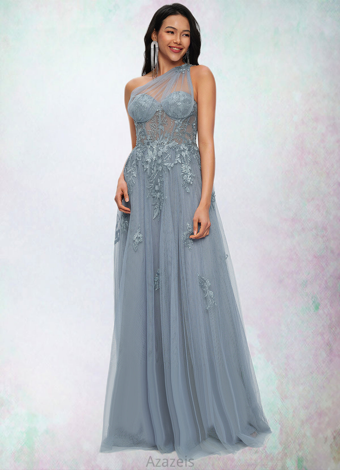 Everly A-line One Shoulder Floor-Length Tulle Prom Dresses With Appliques Lace Sequins DFP0022200