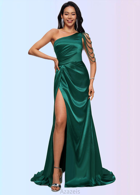 Briley Trumpet/Mermaid One Shoulder Sweep Train Stretch Satin Prom Dresses With Beading DFP0022205