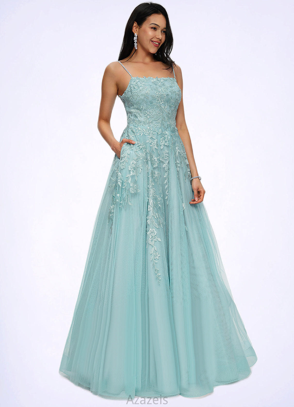 Delaney Ball-Gown/Princess Straight Floor-Length Tulle Prom Dresses With Appliques Lace Sequins DFP0022206