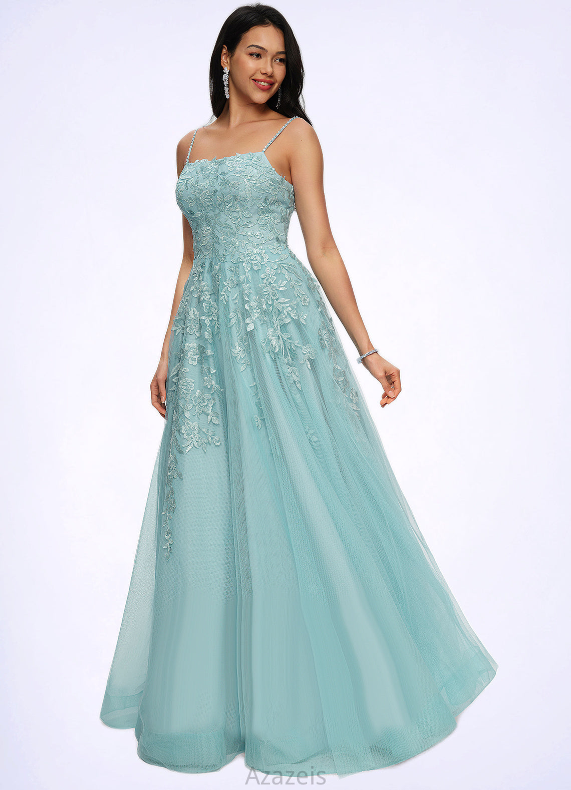 Delaney Ball-Gown/Princess Straight Floor-Length Tulle Prom Dresses With Appliques Lace Sequins DFP0022206