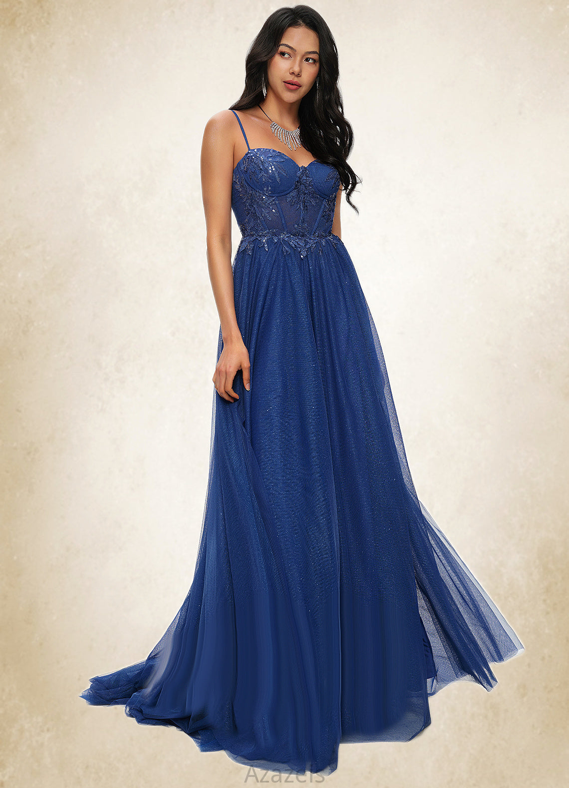 Kaliyah Ball-Gown/Princess Sweetheart Sweep Train Tulle Prom Dresses With Appliques Lace Sequins DFP0022210