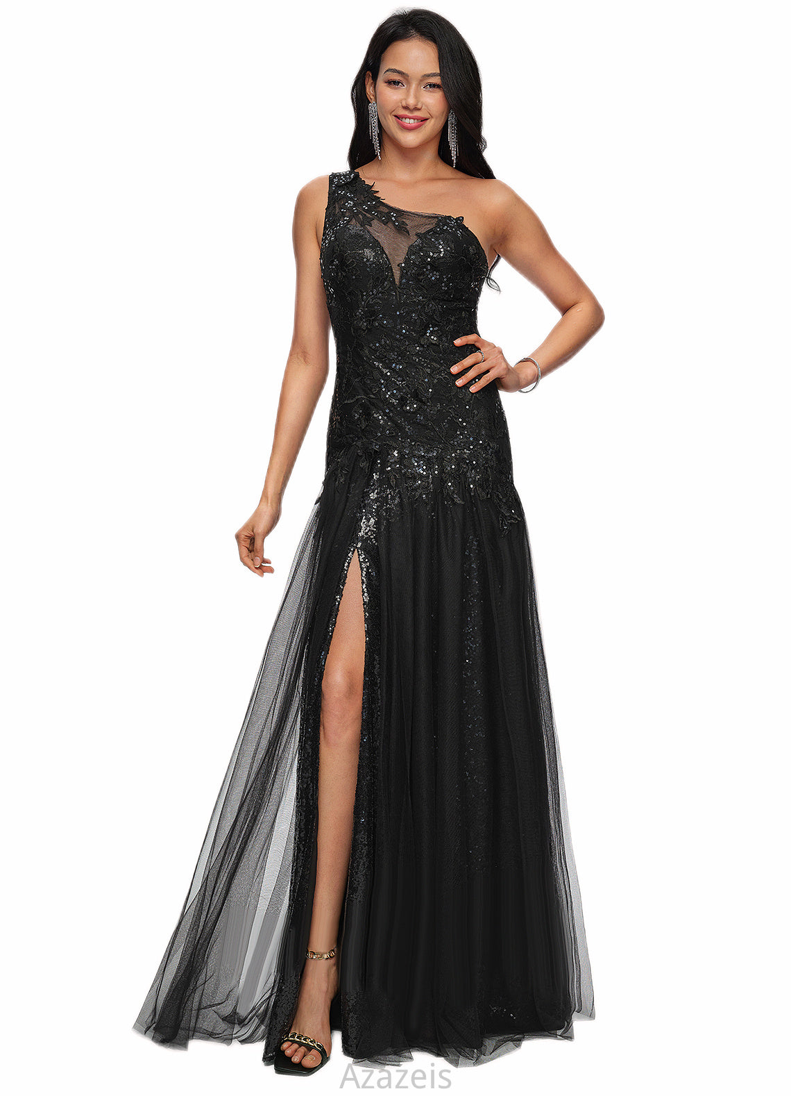 Kinley Trumpet/Mermaid One Shoulder Illusion Floor-Length Lace Tulle Prom Dresses With Sequins DFP0022217