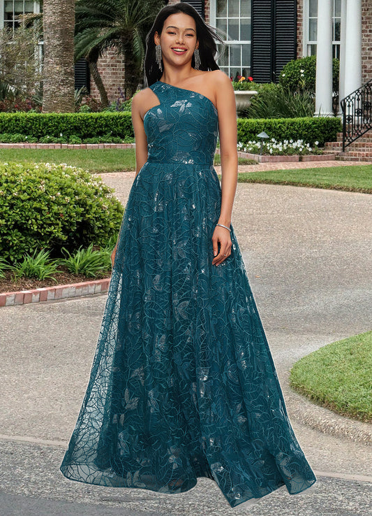 Aubree A-line Asymmetrical Floor-Length Lace Prom Dresses With Sequins DFP0022219