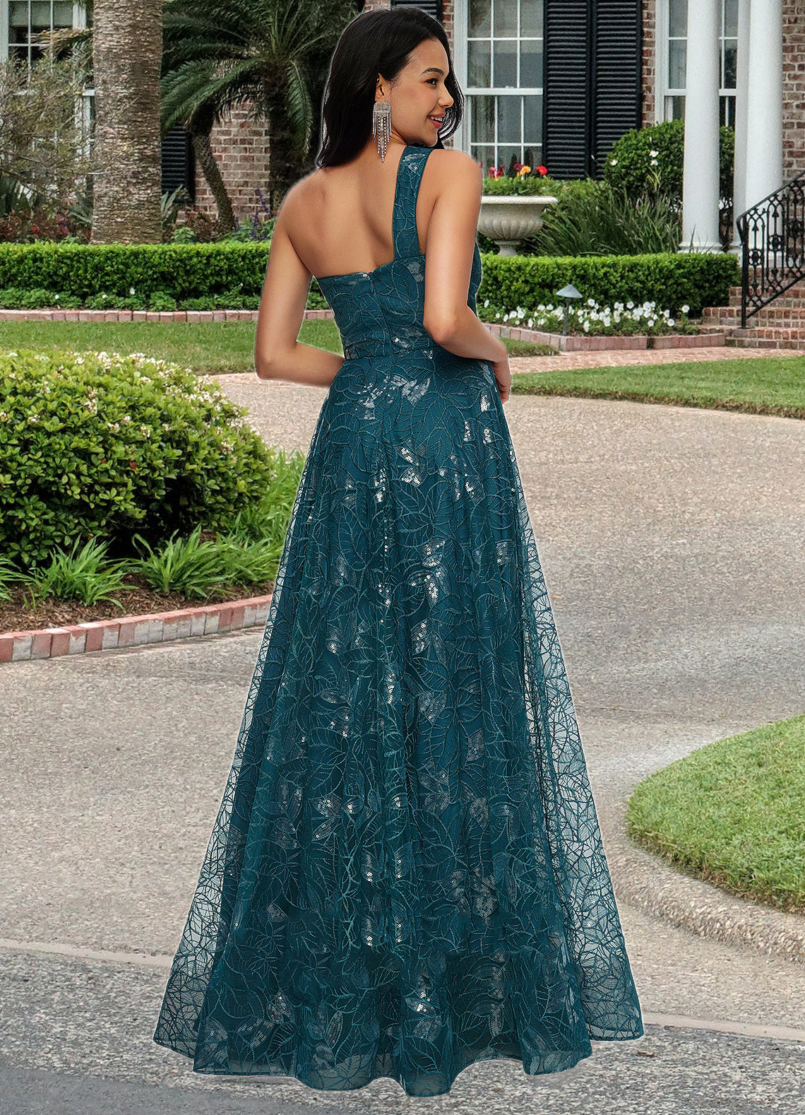 Aubree A-line Asymmetrical Floor-Length Lace Prom Dresses With Sequins DFP0022219