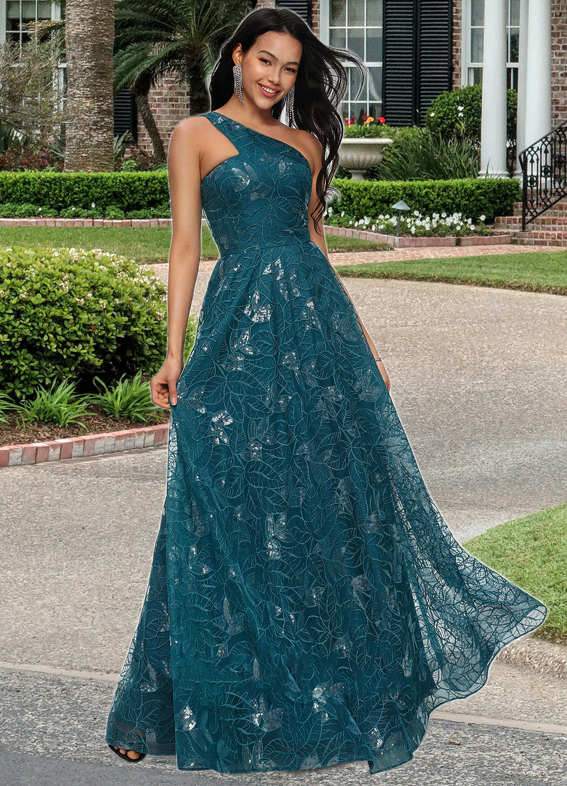 Aubree A-line Asymmetrical Floor-Length Lace Prom Dresses With Sequins DFP0022219