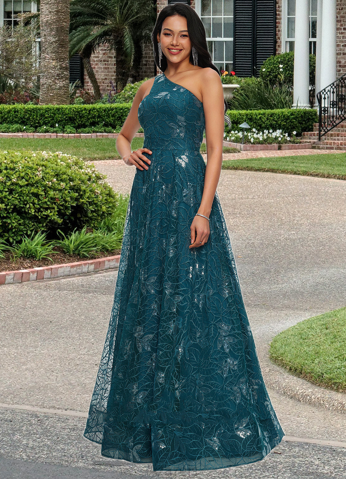 Aubree A-line Asymmetrical Floor-Length Lace Prom Dresses With Sequins DFP0022219