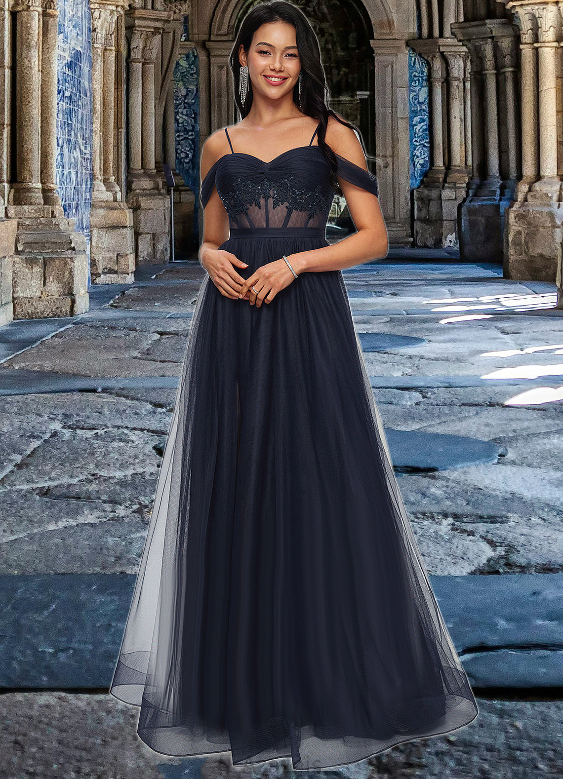 Clarissa Ball-Gown/Princess Off the Shoulder Floor-Length Tulle Prom Dresses With Appliques Lace Sequins DFP0022221