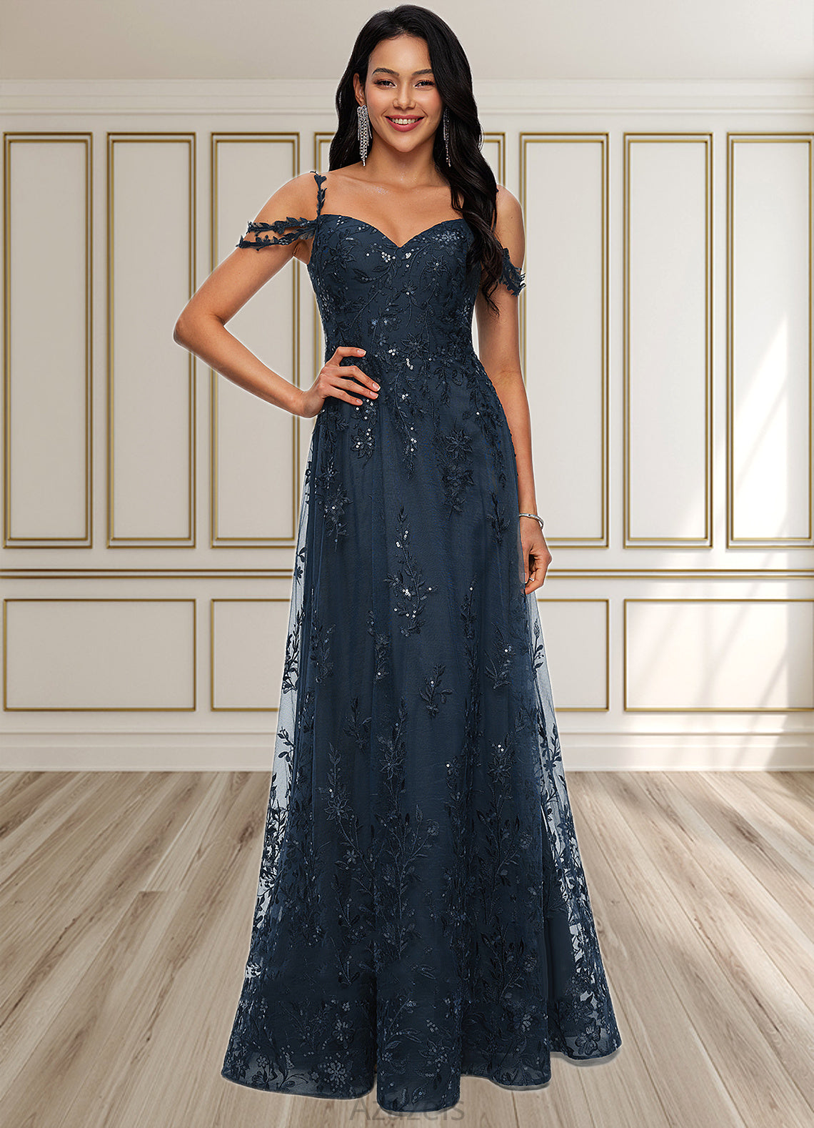 Ann A-line V-Neck Floor-Length Lace Prom Dresses With Sequins DFP0022222