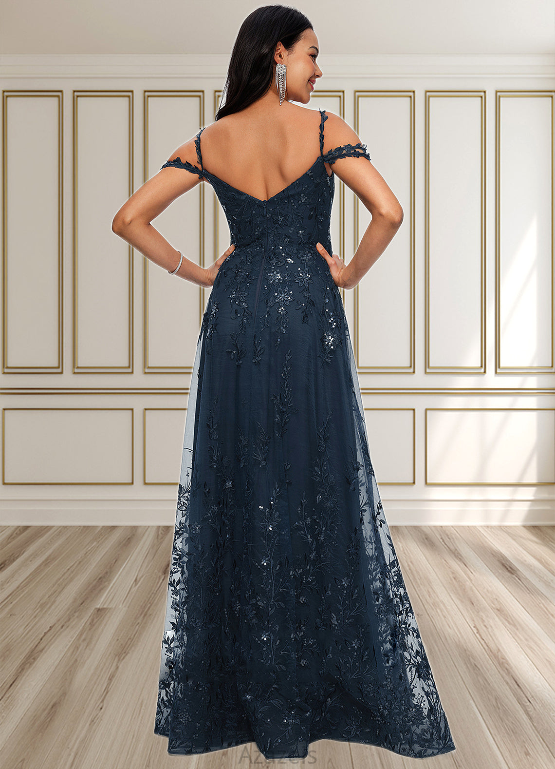 Ann A-line V-Neck Floor-Length Lace Prom Dresses With Sequins DFP0022222