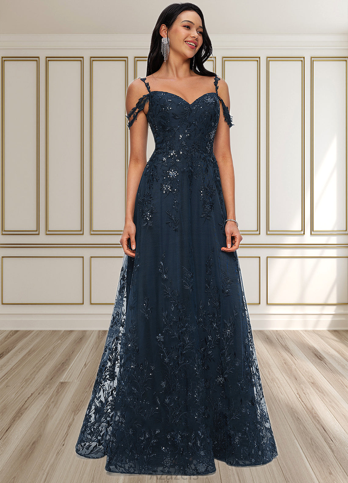 Ann A-line V-Neck Floor-Length Lace Prom Dresses With Sequins DFP0022222