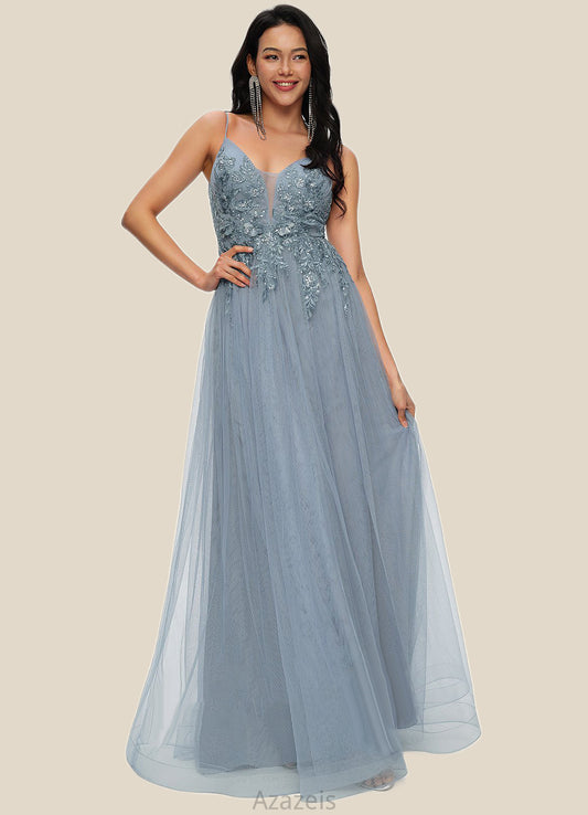 Harriet A-line V-Neck Floor-Length Tulle Prom Dresses With Appliques Lace Sequins DFP0022223