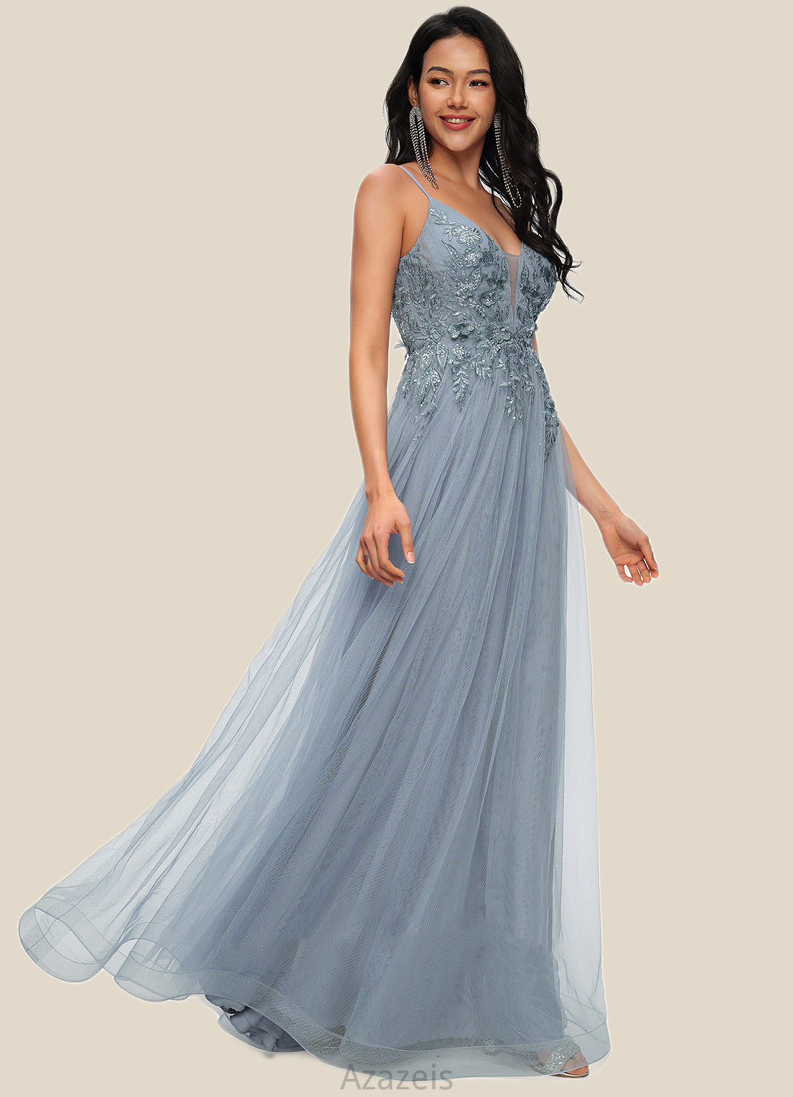 Harriet A-line V-Neck Floor-Length Tulle Prom Dresses With Appliques Lace Sequins DFP0022223