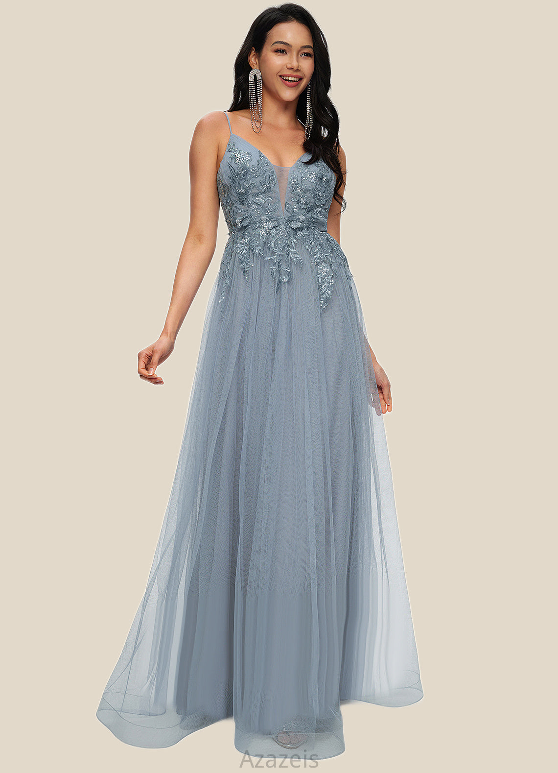 Harriet A-line V-Neck Floor-Length Tulle Prom Dresses With Appliques Lace Sequins DFP0022223