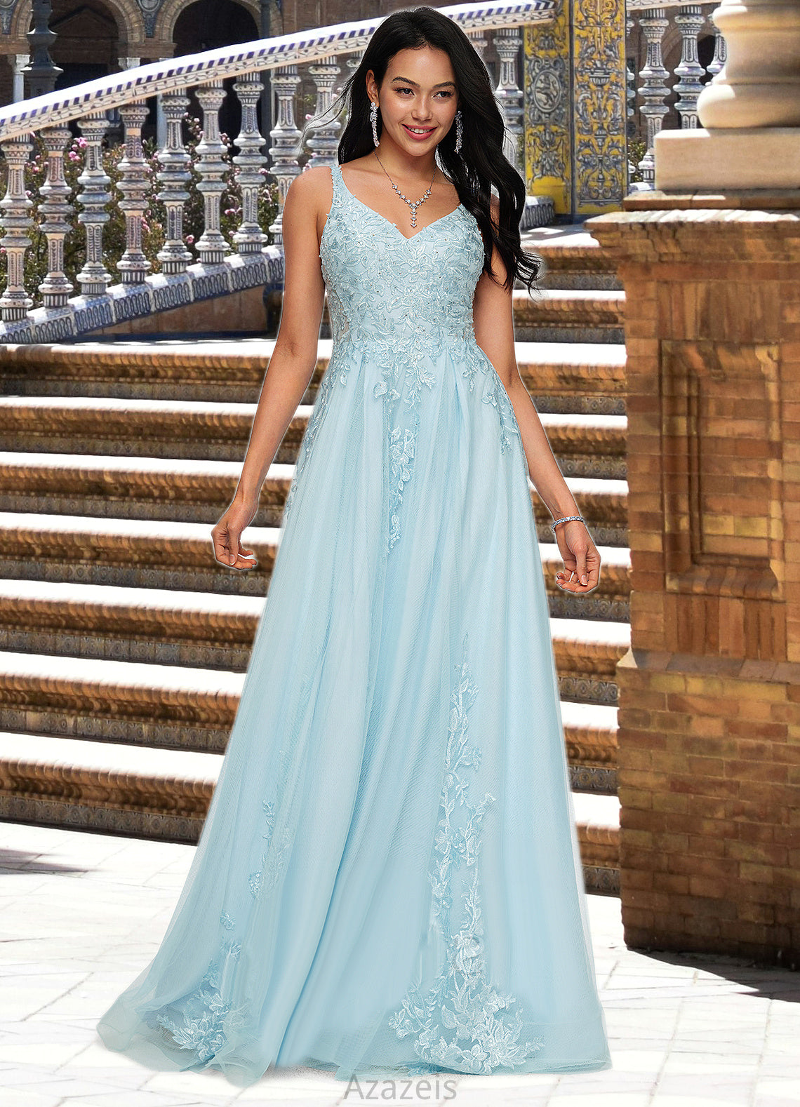 Alice A-line V-Neck Floor-Length Tulle Prom Dresses With Rhinestone Appliques Lace Sequins DFP0022225