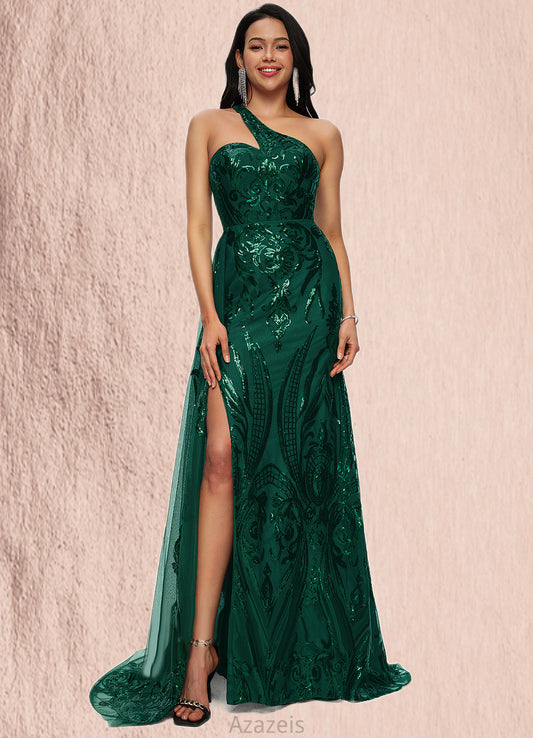 Julia Trumpet/Mermaid One Shoulder Sweep Train Sequin Prom Dresses With Sequins DFP0022226