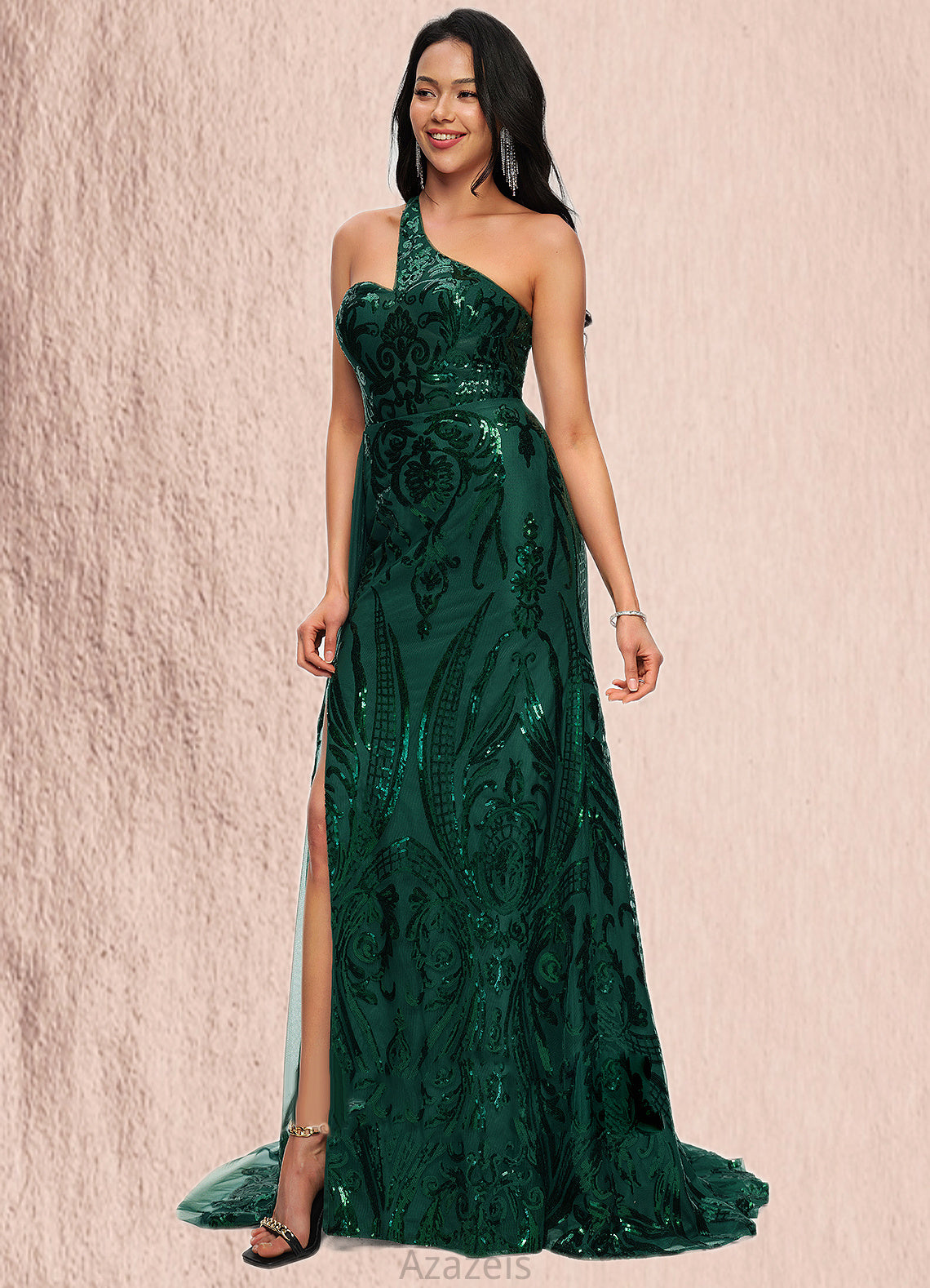 Julia Trumpet/Mermaid One Shoulder Sweep Train Sequin Prom Dresses With Sequins DFP0022226