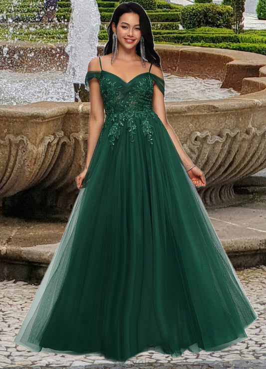 June A-line Off the Shoulder Floor-Length Tulle Prom Dresses With Appliques Lace Sequins DFP0022231