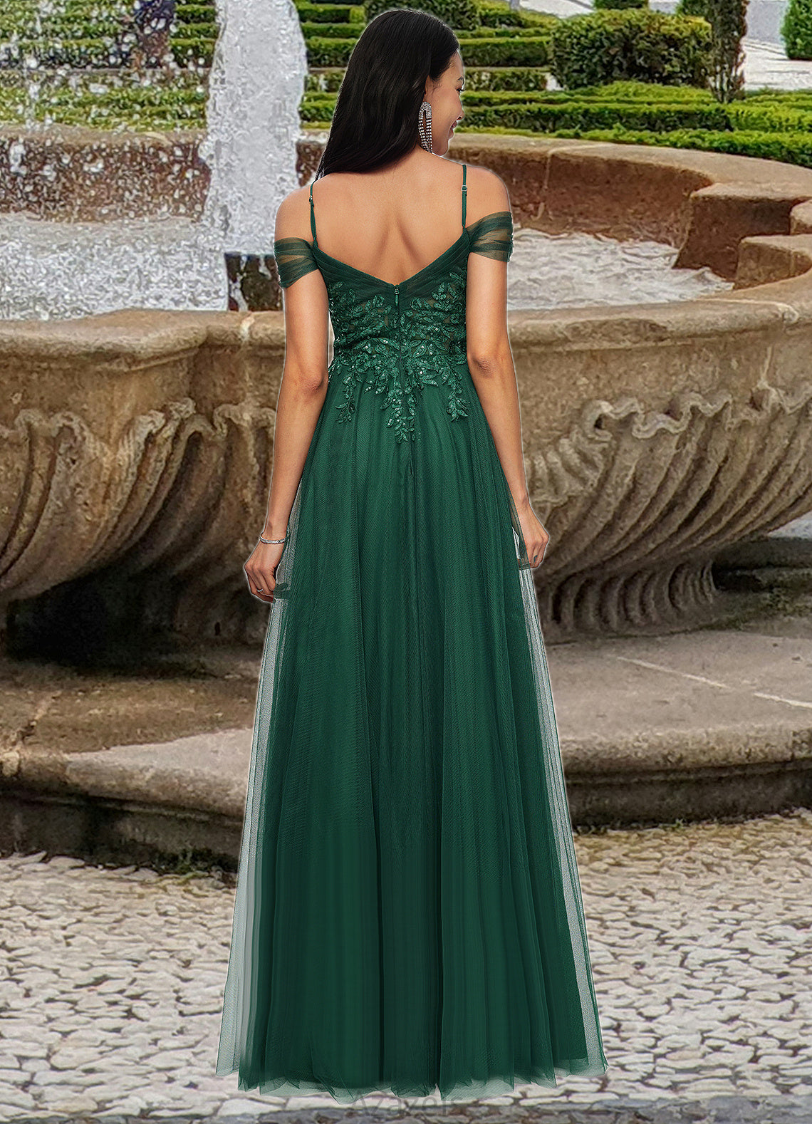 June A-line Off the Shoulder Floor-Length Tulle Prom Dresses With Appliques Lace Sequins DFP0022231