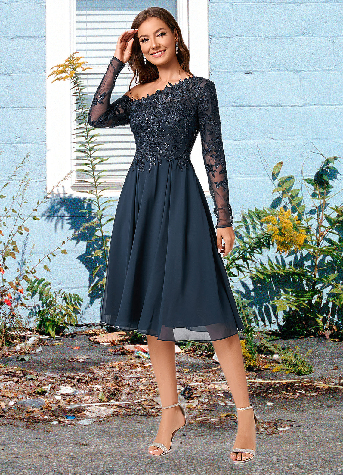 Talia A-line One Shoulder Knee-Length Chiffon Lace Sequin Cocktail Dress With Sequins DFP0022310