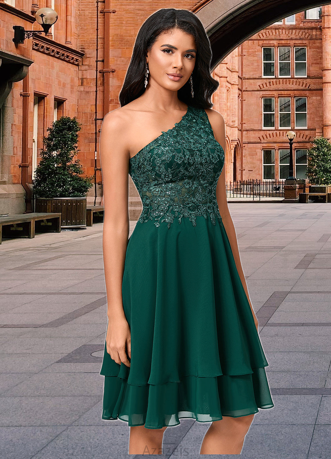 Alani A-line One Shoulder Knee-Length Chiffon Lace Cocktail Dress With Sequins DFP0022313