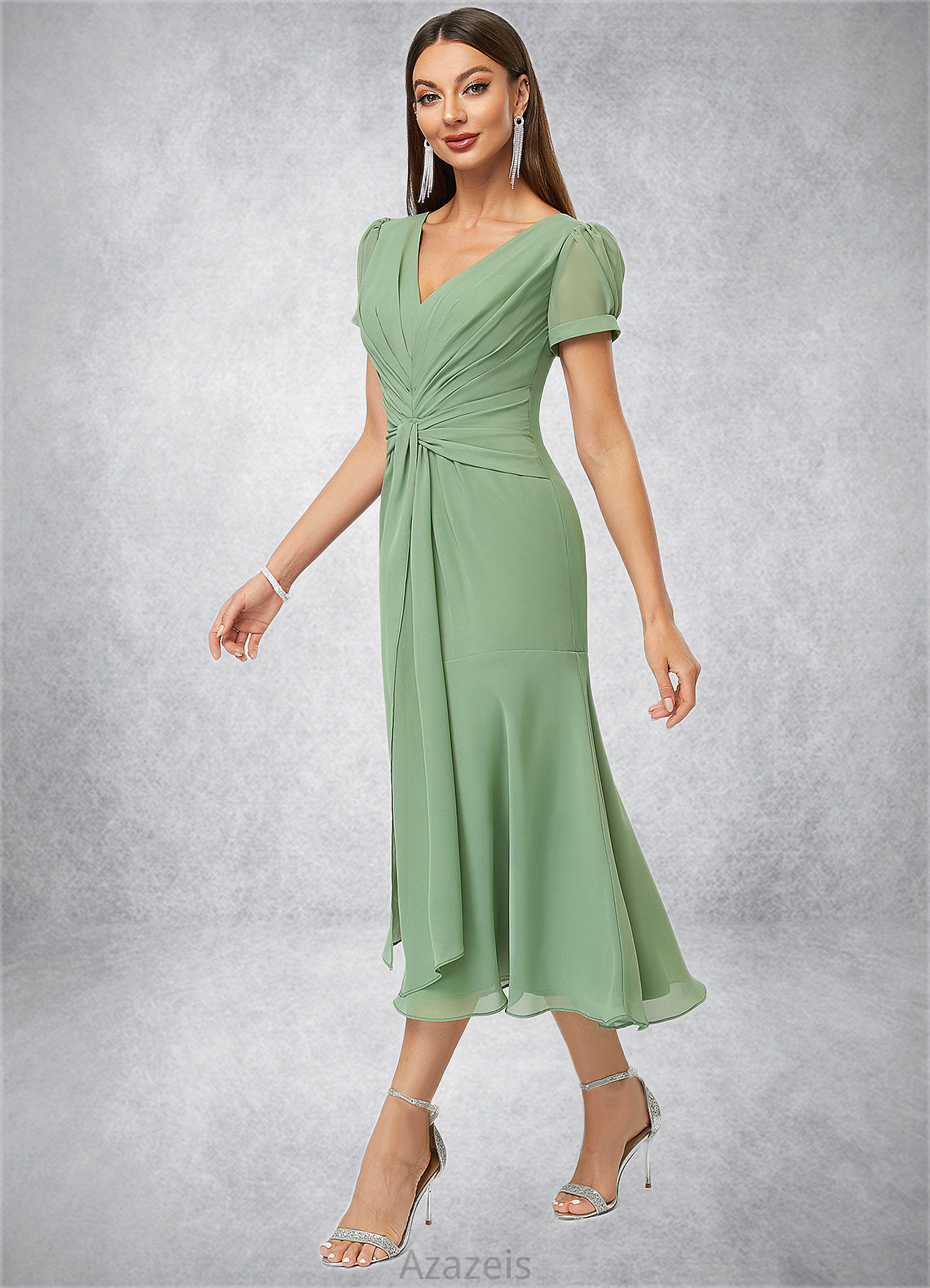 Madeleine Trumpet/Mermaid V-Neck Tea-Length Chiffon Cocktail Dress With Pleated DFP0022315