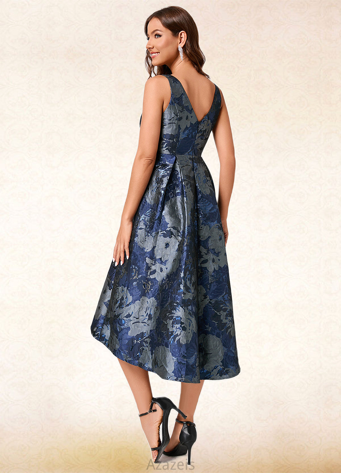 Madge A-line V-Neck Asymmetrical Jacquard Cocktail Dress With Flower DFP0022321