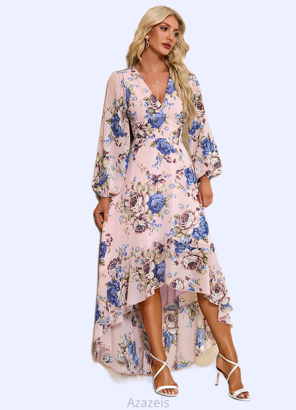 Yareli Ruffle Floral Print V-Neck Elegant A-line Chiffon Asymmetrical Dresses DFP0022327