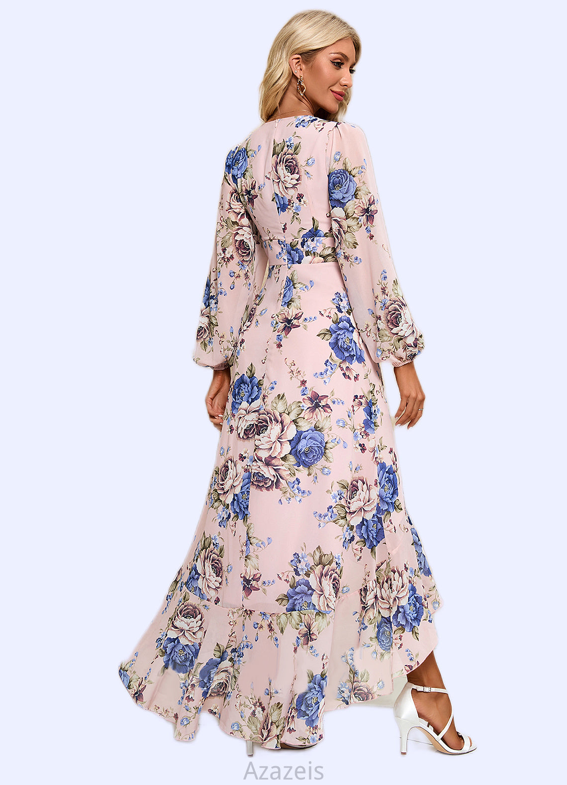 Yareli Ruffle Floral Print V-Neck Elegant A-line Chiffon Asymmetrical Dresses DFP0022327