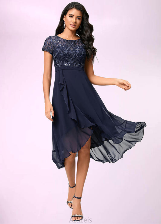 Alannah A-line Scoop Asymmetrical Chiffon Lace Cocktail Dress With Cascading Ruffles DFP0022334