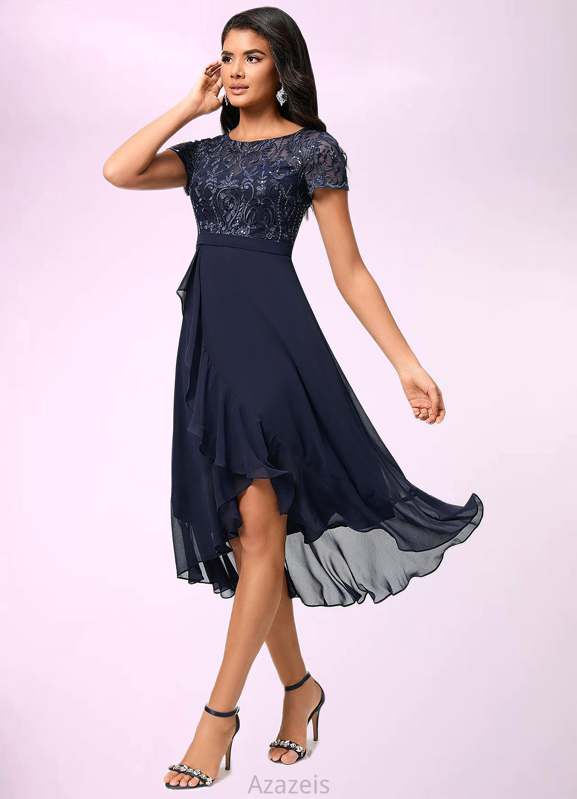 Alannah A-line Scoop Asymmetrical Chiffon Lace Cocktail Dress With Cascading Ruffles DFP0022334