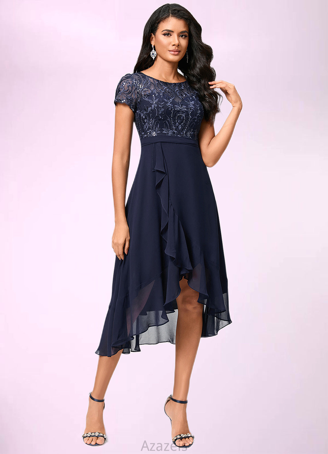 Alannah A-line Scoop Asymmetrical Chiffon Lace Cocktail Dress With Cascading Ruffles DFP0022334