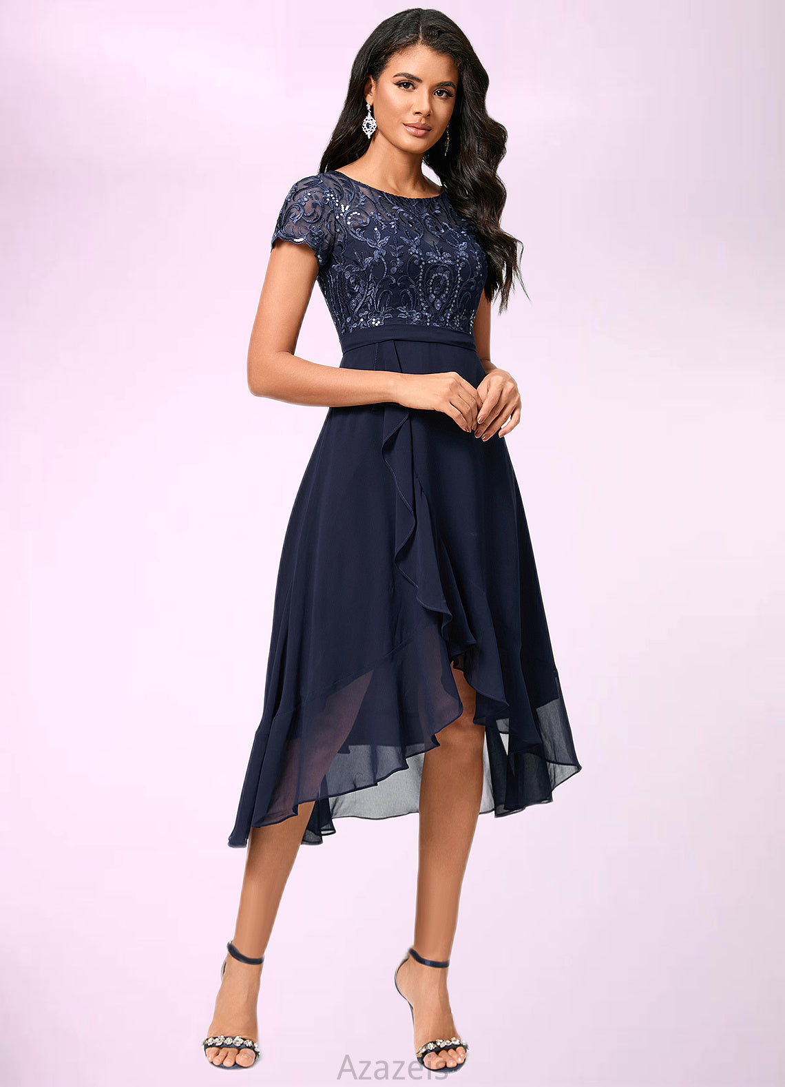 Alannah A-line Scoop Asymmetrical Chiffon Lace Cocktail Dress With Cascading Ruffles DFP0022334