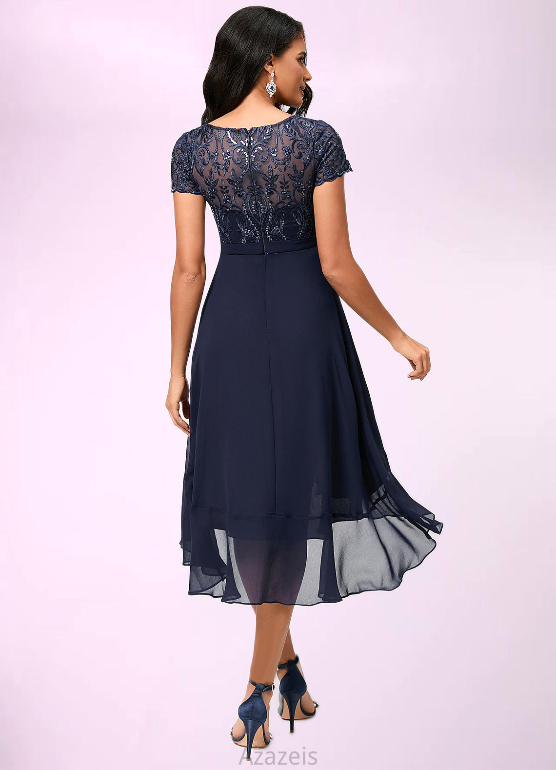 Alannah A-line Scoop Asymmetrical Chiffon Lace Cocktail Dress With Cascading Ruffles DFP0022334