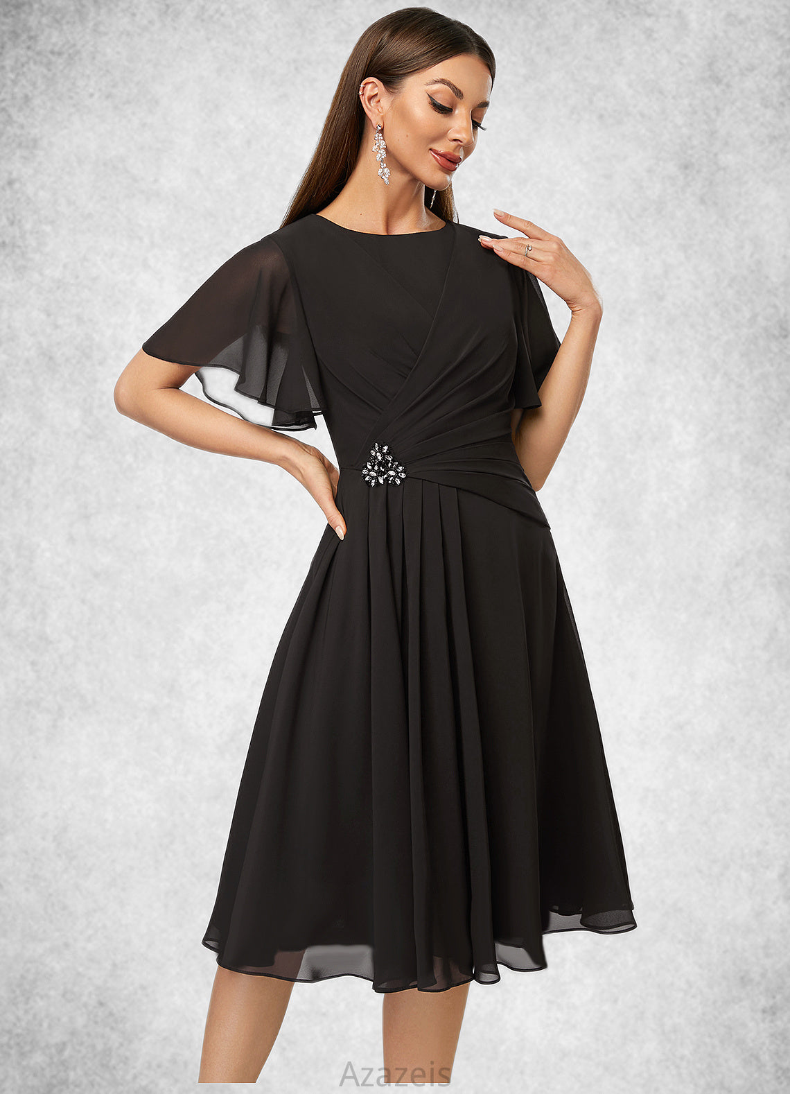 Erin A-line Scoop Knee-Length Chiffon Cocktail Dress With Beading Pleated DFP0022336