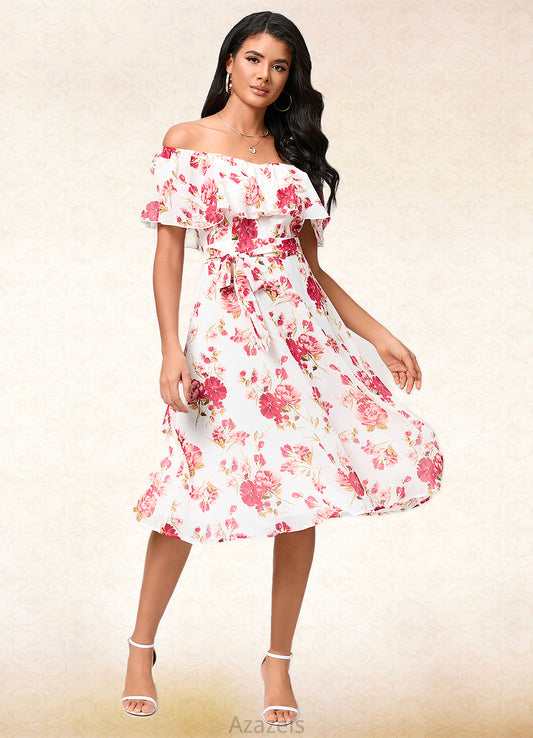 Val A-line Off the Shoulder Knee-Length Chiffon Cocktail Dress With Bow DFP0022337