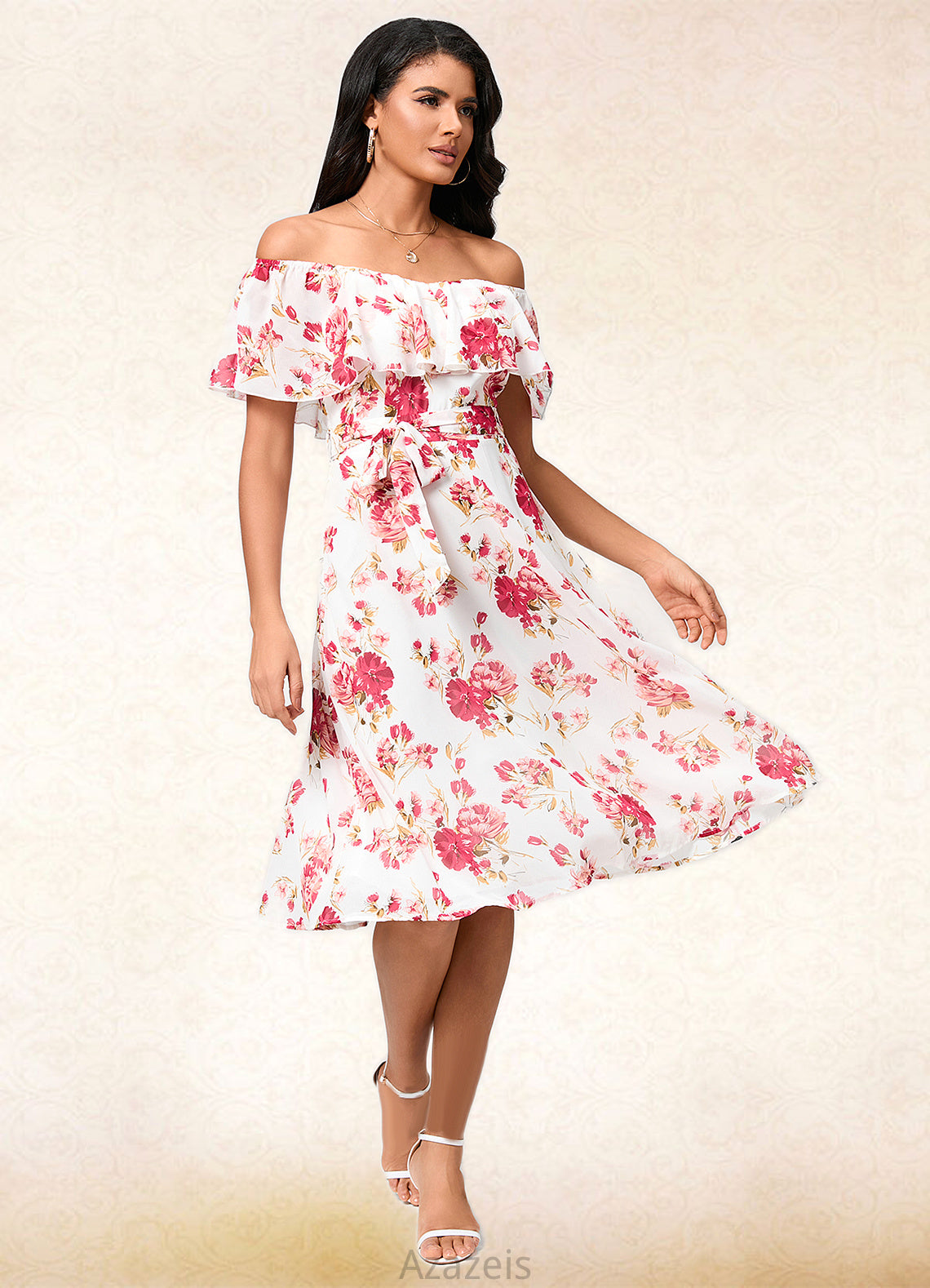 Val A-line Off the Shoulder Knee-Length Chiffon Cocktail Dress With Bow DFP0022337