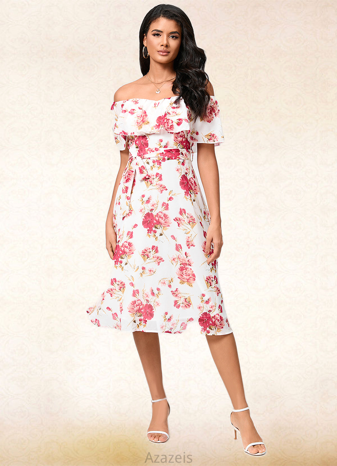 Val A-line Off the Shoulder Knee-Length Chiffon Cocktail Dress With Bow DFP0022337