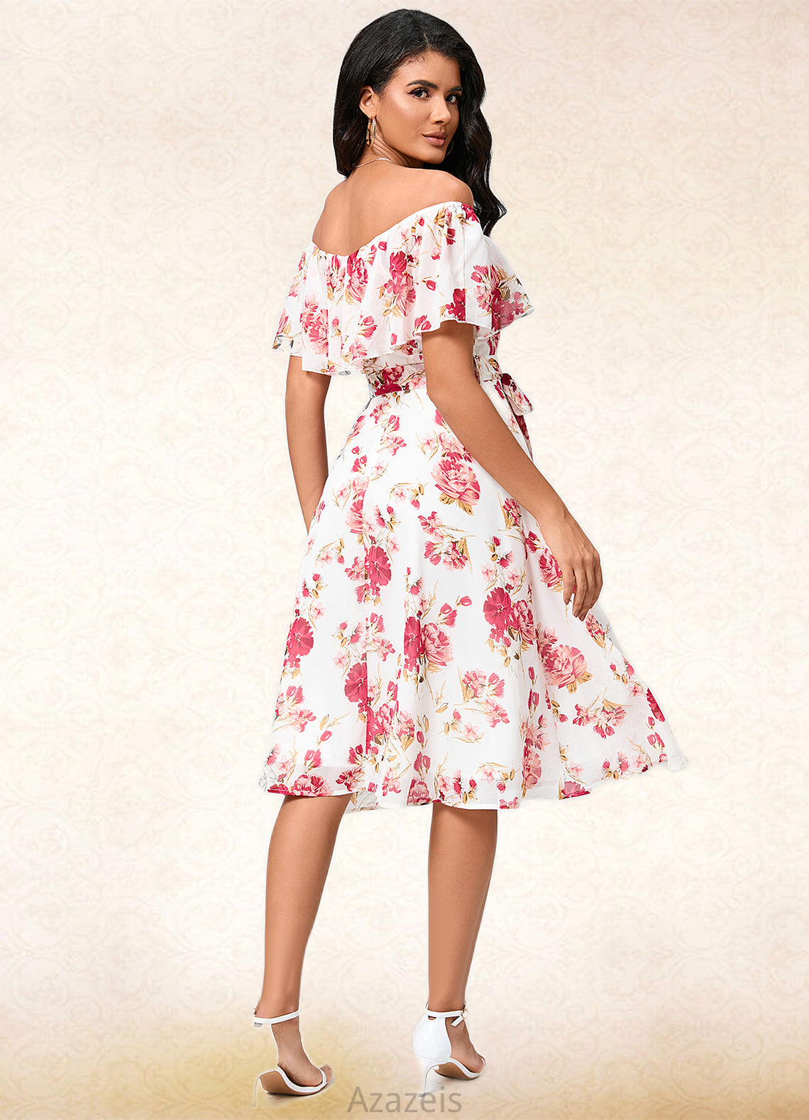 Val A-line Off the Shoulder Knee-Length Chiffon Cocktail Dress With Bow DFP0022337