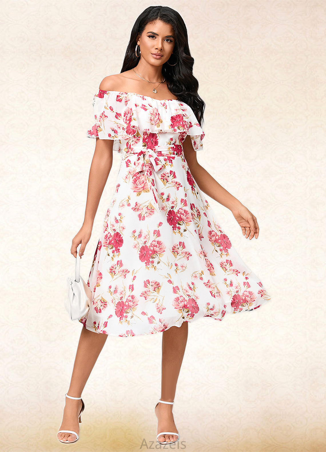 Val A-line Off the Shoulder Knee-Length Chiffon Cocktail Dress With Bow DFP0022337