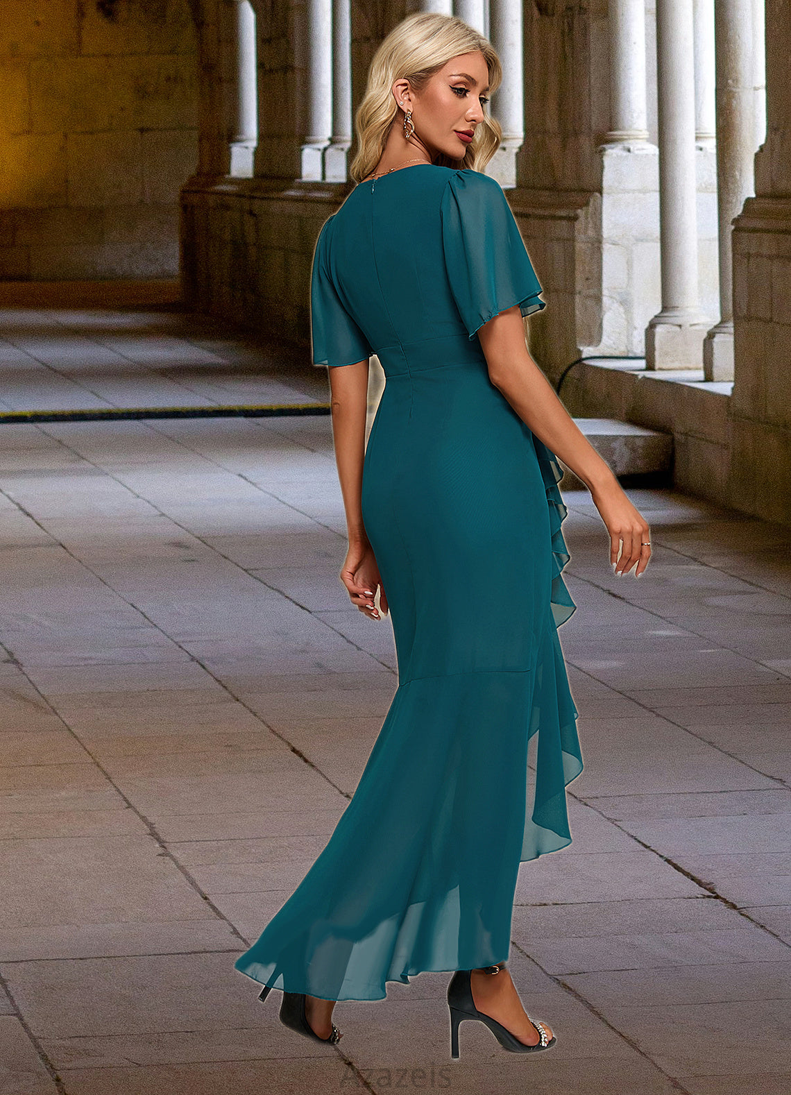 Claire Ruffle V-Neck Elegant Trumpet/Mermaid Chiffon Asymmetrical Dresses DFP0022358