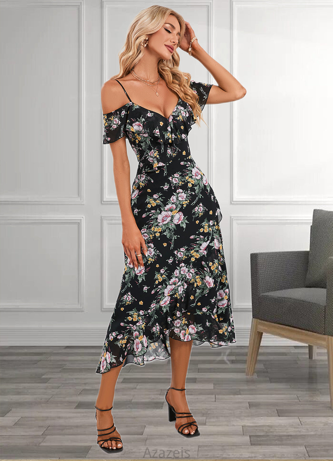 Serenity Floral Print Cold Shoulder Elegant A-line Chiffon Asymmetrical Dresses DFP0022369