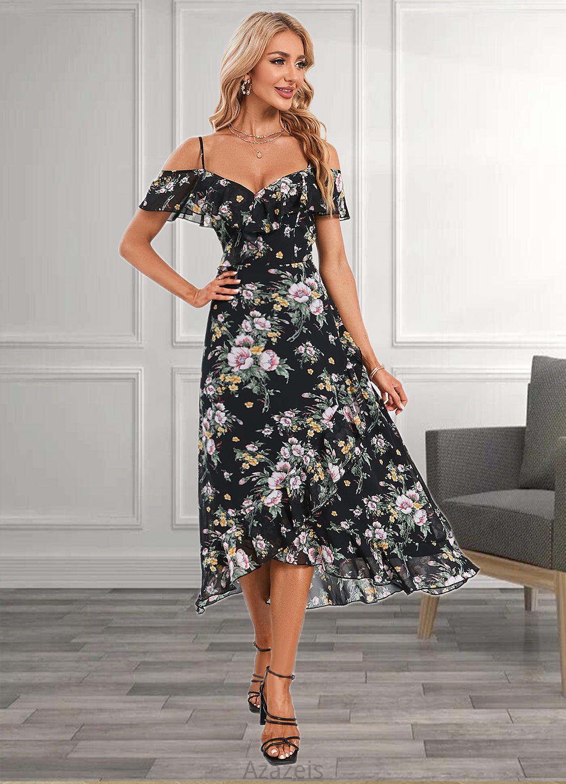 Serenity Floral Print Cold Shoulder Elegant A-line Chiffon Asymmetrical Dresses DFP0022369